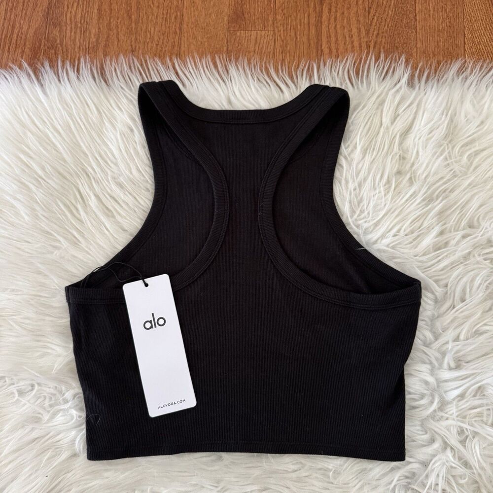 Alo Yoga Aspire Tank Women’s Medium Black White Ribbed Cropped Racerback NWT - Picture 2 of 10